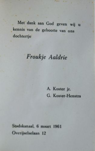 Geboortekaartje van Froukje Aaldrie Koster