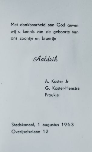 Geboorte kaartje van Aaldrik Koster 