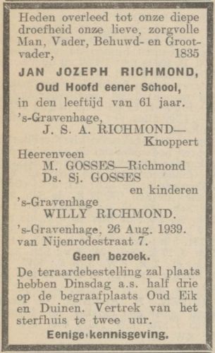 Haagsche Courant, 28 augustus 1939, pag. 14: 'Burgerlijke Stand. 28 Augustus. Overleden: J.J. Richmond, man van J.S.A. Knoppert.'